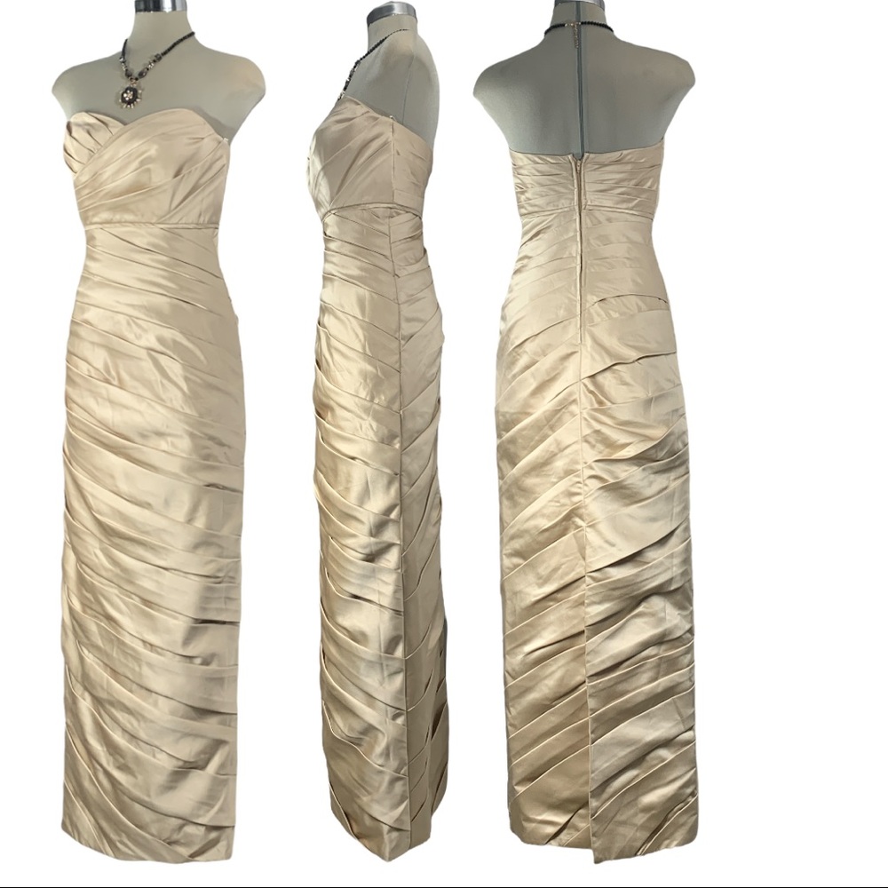 Andrew Adela Beige Sheath Ruffle Strapless Gown